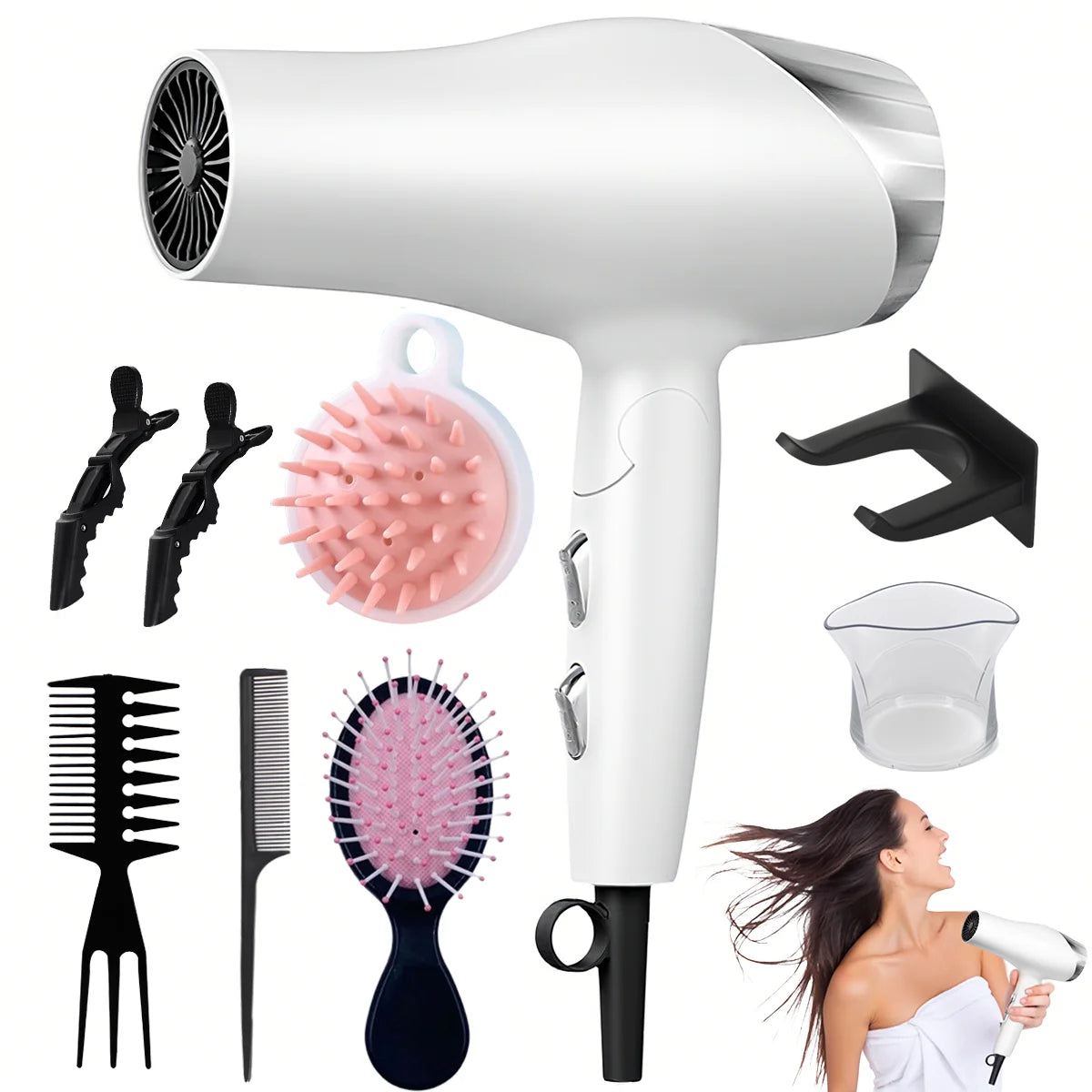 Foldable Fast Drying Hair Dryer with Diffuser for Curly Hair, Nozzle , With Hot/Warm/Cold Wind, 2 Speed Control Gentle And Safe